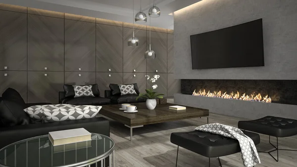 Interior de la sala de estar con chimenea elegante 3D renderizado 3 —  Fotos de Stock