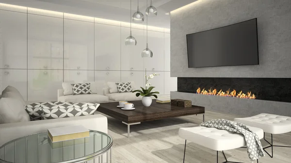 Interior de la sala de estar con chimenea elegante 3D renderizado 2 — Foto de Stock