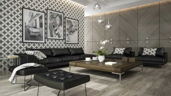 Interior da sala de estar com elegante papel de parede 3D renderização 6 — Fotografia de Stock