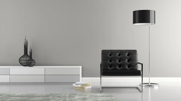 Parte do interior elegante com poltrona preta 3D renderização Imagem De Stock