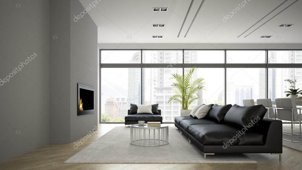 Interior of modern  loft with fireplace and black sofa 3D render