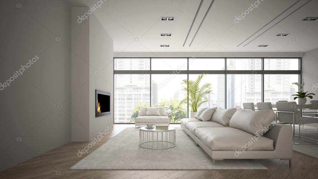 Interior of the loft with modern fireplace 3D rendering