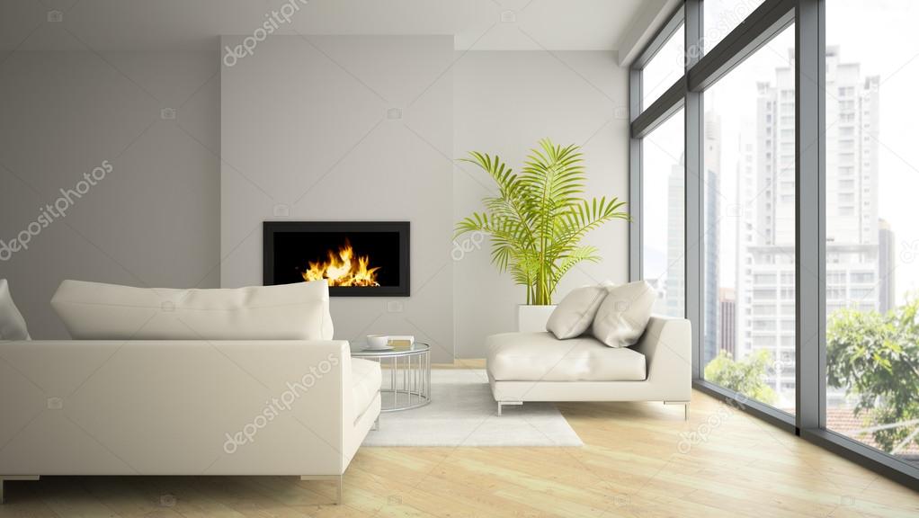 Interior of modern  loft with fireplace and palm 3D rendering 2