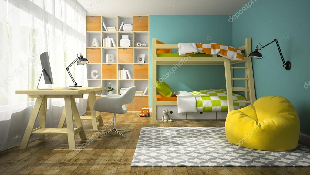 Interior of children room with bunk bed 3D rendering