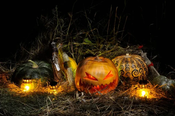 Helloween Pumpkin Head Jack Candles Black Background Big Spooky Helloween — Stock Photo, Image