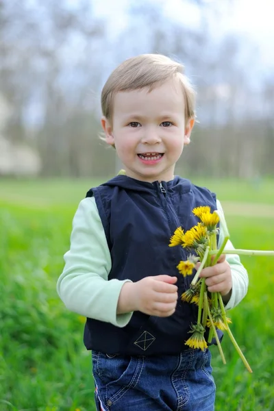 タンポポの花を保持している小さな男の子 — ストック写真