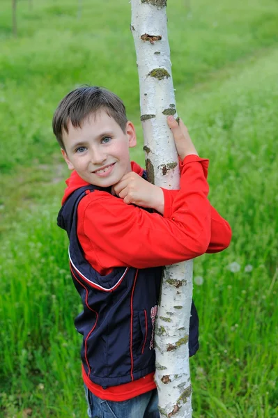 Ein Junge umarmt eine Birke — Stockfoto