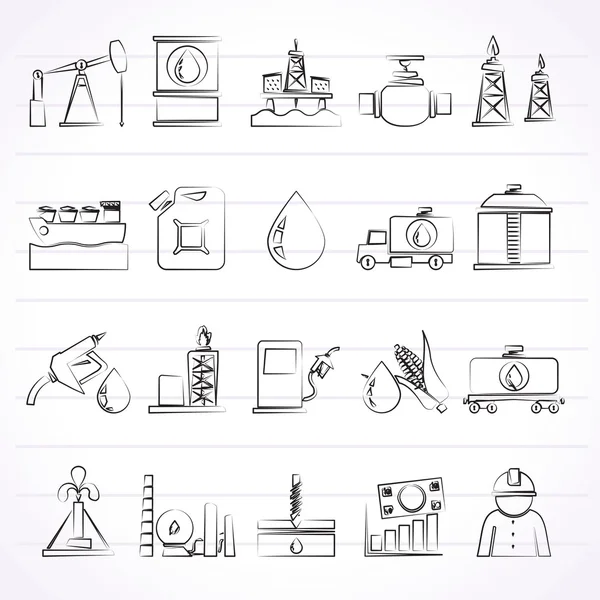 Industria petrolera, producción de gas, transporte y almacenamiento iconos — Archivo Imágenes Vectoriales