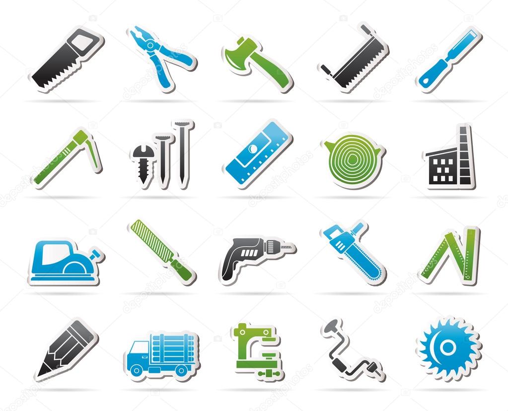 Carpentry, logging and woodworking icons