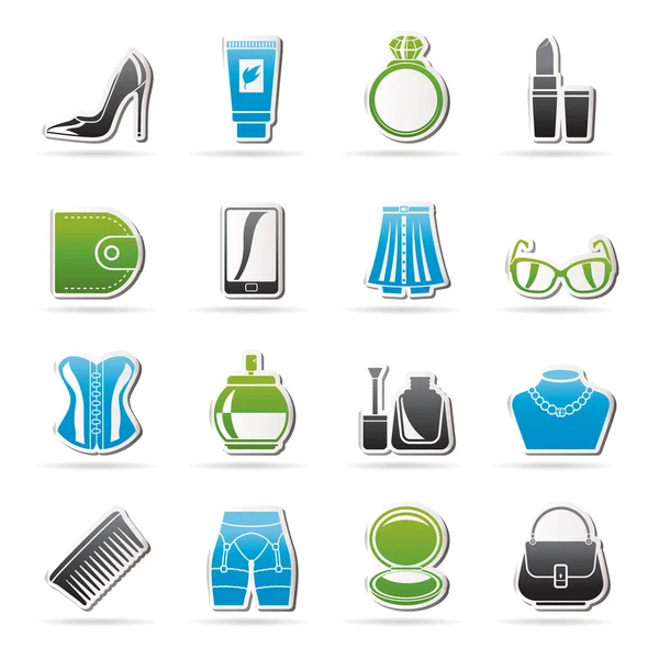 Vrouwelijke accessoires en kleren iconen — Stockvector