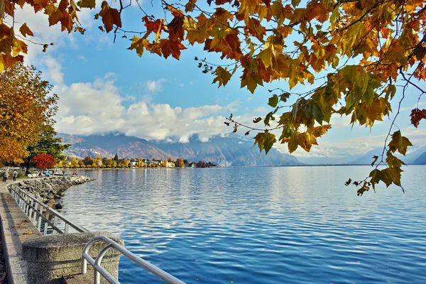 Increíble Panorama de terraplén de la ciudad de Vevey y el lago de Ginebra, cantón de Vaud — Foto de Stock