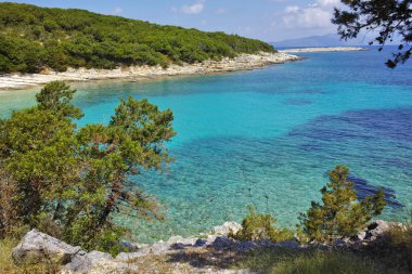 Emblisi Fiskardo Plajı, Kefalonia, Iyon Adaları panoramik görünümü
