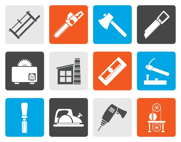 Flat Woodworking industry and Woodworking tools icons — Stock Vector