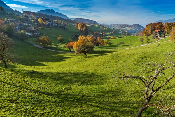 Increíble paisaje otoñal del típico pueblo suizo cerca de la ciudad de Interlaken —  Fotos de Stock