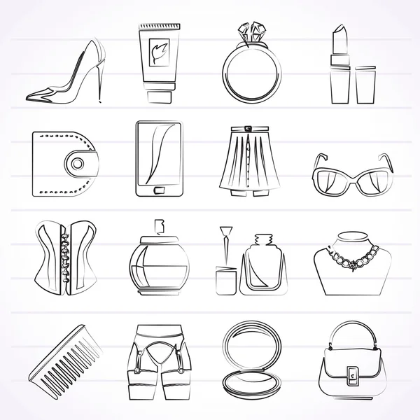 Female accessories and clothes icons — Stock Vector