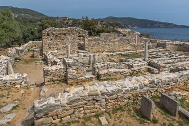 Arkeolojik Aliki, Thassos Island, Yunanistan, antik kilise kalıntıları Panorama