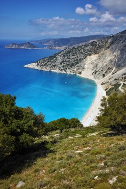 Myrtos plajı panoraması, Kefalonia, Yunanistan