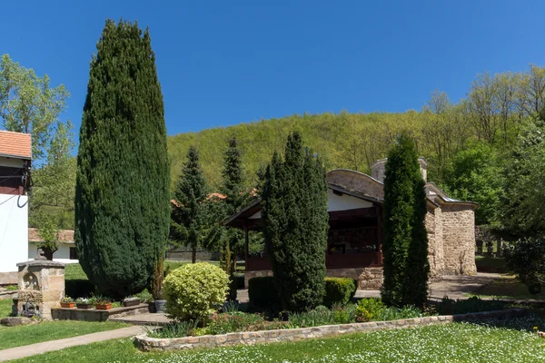 Panoramautsikt med cypresser och kyrkan i Temski kloster St. George, Serbien — Stockfoto