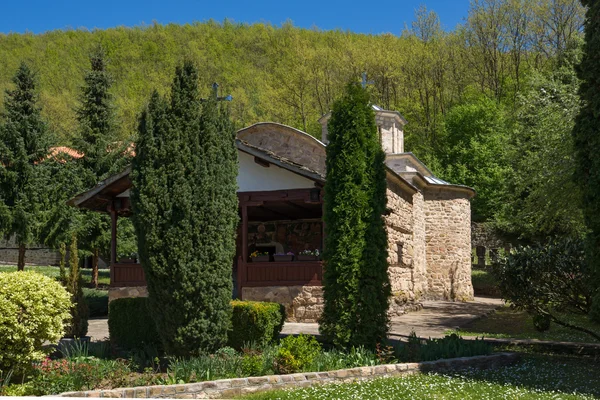 Дивовижний краєвид з кипарисів і церкви в Temski монастир Святого Георгія, Сербії — стокове фото