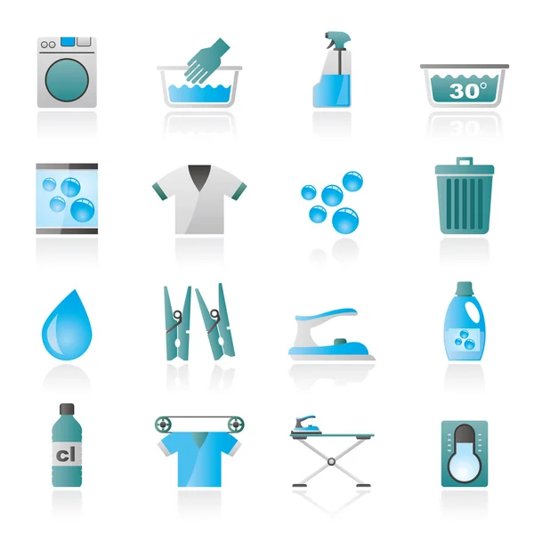 Lavadora negra e iconos de lavandería — Vector de stock