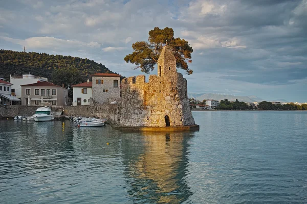 Sunset Panorama of the port of Nafpaktos town — Stock Photo, Image