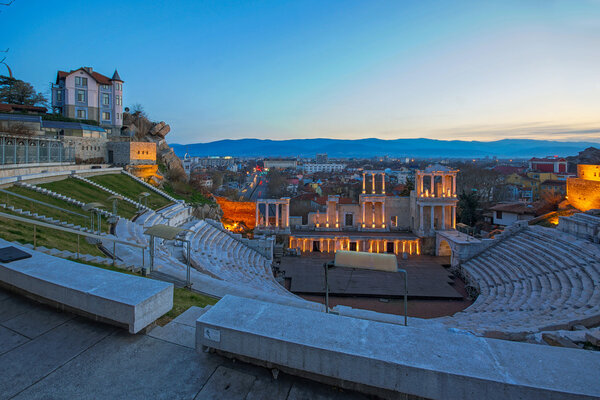 Night Panorama of city of Plovdiv and Ancient Roman theatre