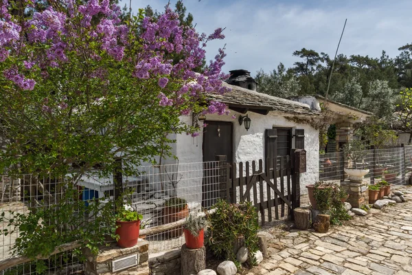 Casa de pedra velha e flores violetas na vila de Aliki, ilha de Thassos, Grécia — Fotografia de Stock