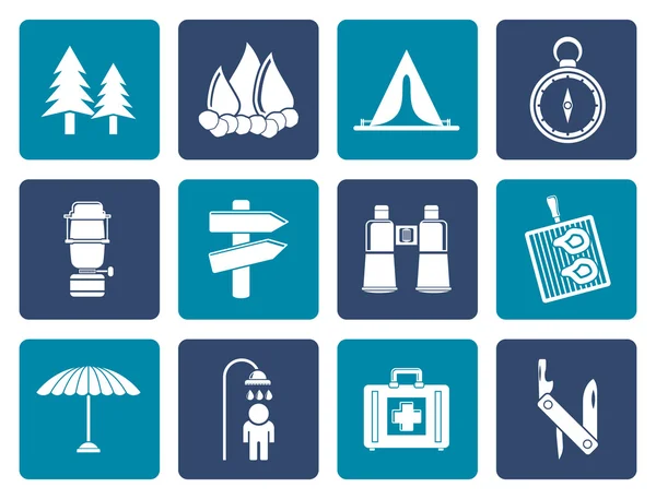 Vlakke Camping, reizen en toerisme pictogrammen — Stockvector