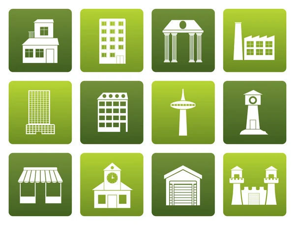 Appartement différents types de bâtiments et d'icônes de la ville — Image vectorielle