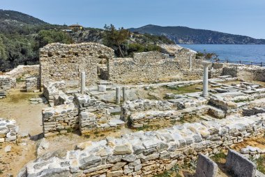 Arkeolojik Aliki, Thassos Island, Yunanistan, antik kilise kalıntıları Panorama