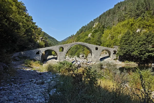 Reflexion der Teufelsbrücke in Arda Fluss und Rhodopen Berg — Stockfoto