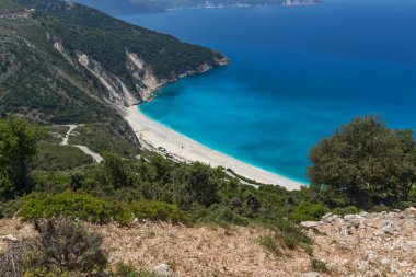Panoramik manzaralı güzel Myrtos beach, Kefalonia, Yunanistan