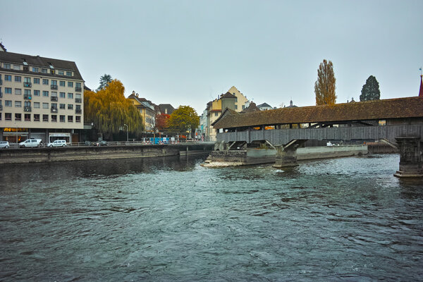 Spreuer Bridge and The Reuss River in City of Luzerne, Switzerland