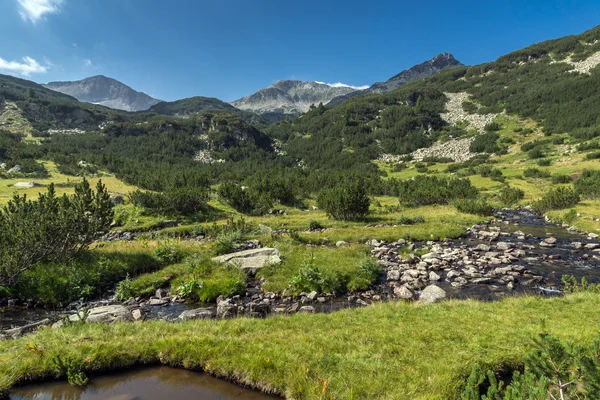 Panoramatický pohled Banderishki Chukar Peak a horské řeky, pohoří Pirin — Stock fotografie