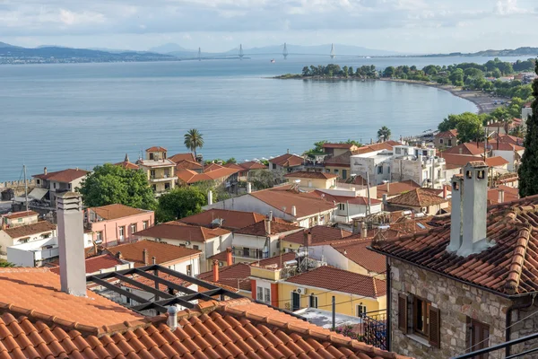 Panoramic view of Nafpaktos town and cable bridge between Rio and Antirrio