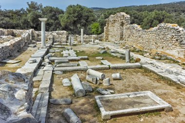 Panoramik antik arkeolojik Aliki, Thassos Adası, kilisede Doğu Makedonya ve Trakya