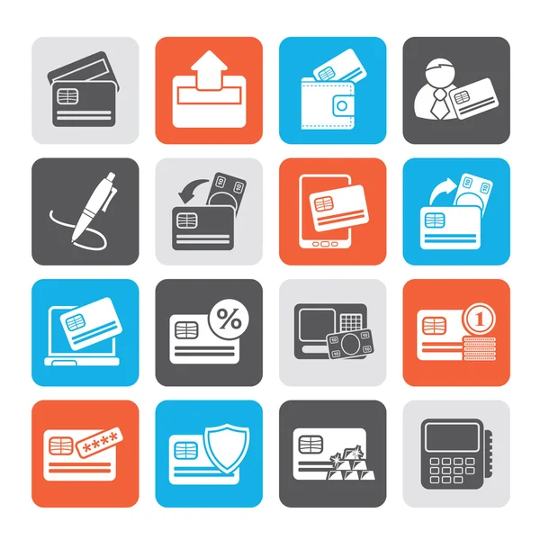 Silhouette credit card, POS terminal and ATM icons — Stock Vector