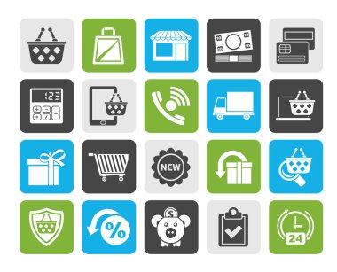 Siluet satır dükkanı ve E-ticaret simgeler