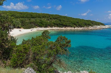 Emblisi Fiskardo Beach, Kefalonia, İyonya Adaları muhteşem deniz manzarası