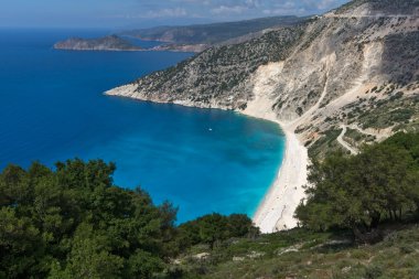 Panoramik manzaralı güzel Myrtos beach, Kefalonia, Ionian Islands