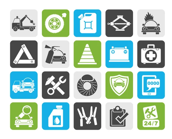 Silhouette Roadside Assistance and tow  icons — Stock Vector