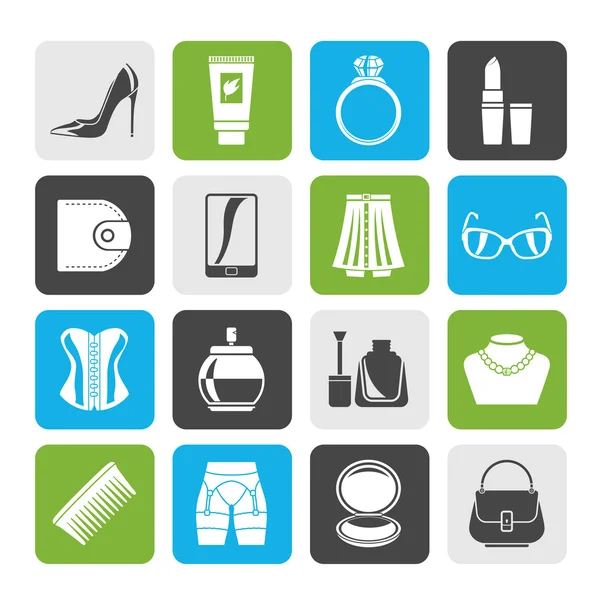 Silhouette Female accessories and clothes icons — Stock Vector