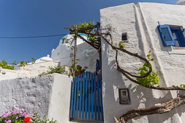 Vita hus med blommor i staden av Parakia, ön Paros, Cykladerna — Stockfoto