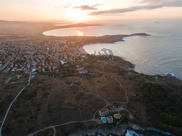 Sunset Aerial view of town of Chernomorets, Burgas Region, Bulgaria