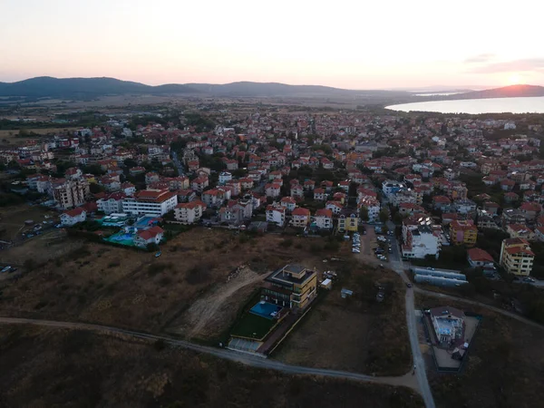 Puesta Sol Vista Aérea Ciudad Chernomorets Región Burgas Bulgaria — Foto de Stock