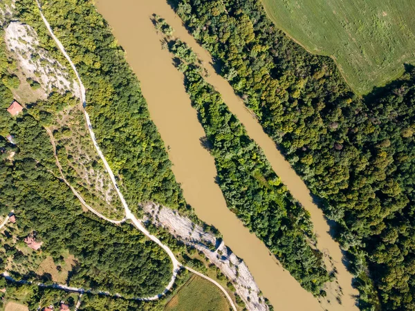 Vista Aérea Del Río Iskar Pasando Cerca Del Pueblo Karlukovo — Foto de Stock