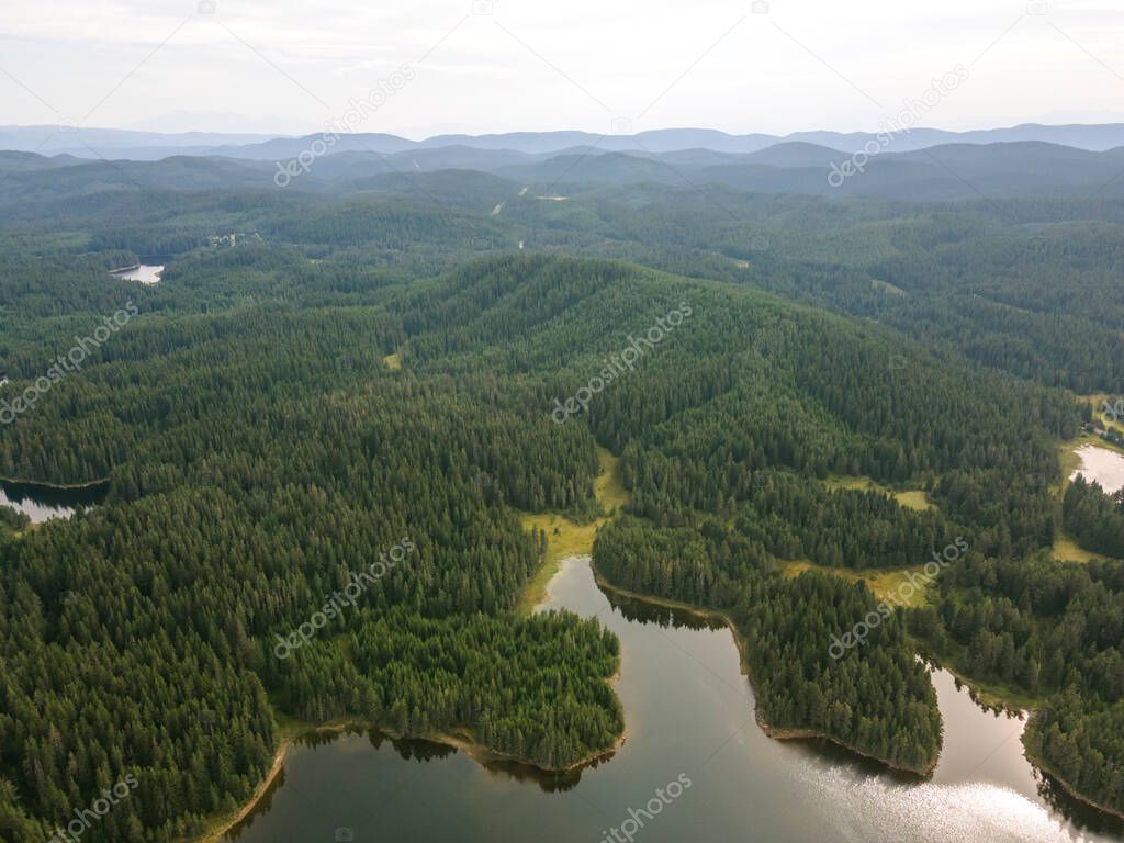 Aerial view of Shiroka polyana (Wide meadow) Reservoir, Pazardzhik Region, Bulgaria