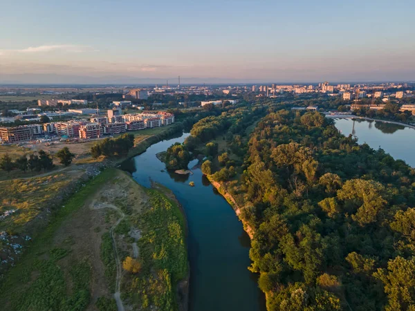 Aerial sunset panorama of Rowing Venue in city of Plovdiv, Bulgaria