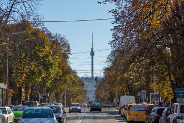 RUSE, BULGARIA -NOVEMBER 2, 2020: Bulgaristan 'ın Ruse kentinin merkezindeki Tipik İnşaat ve Sokak