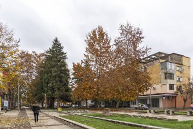 MONTANA, BULGARIA - 22 Kasım 2020: Bulgaristan 'ın Montana kentinin merkezindeki tipik bina ve cadde